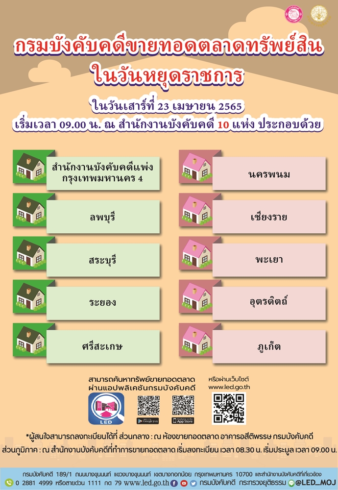 กรมบังคับคดีจัดการขายทอดตลาดในวันหยุดราชการ วันเสาร์ที่ 23 เมษายน 2565